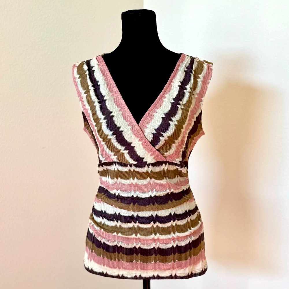 Ann Taylor Pink Brown & Metallic Silver Sleeveless V-neck Tank Top